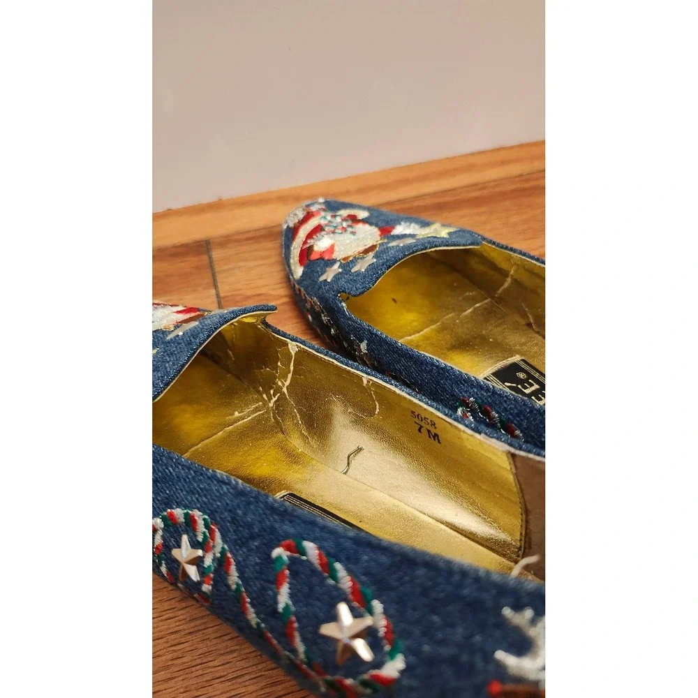 J Renee Santa Holiday Ballet Flats Women's 7 M‎ Blue Embroidered Slip On Vintage